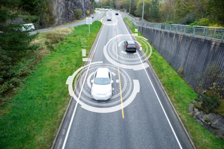 Autonomous cars with LIDAR/radar sensors on highway, connected vehicle concept
