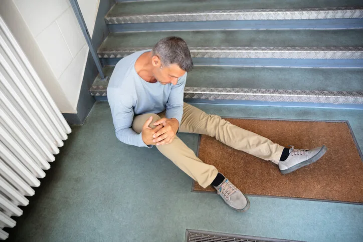 Man sitting by stairs holding his injured knee after a fall.
