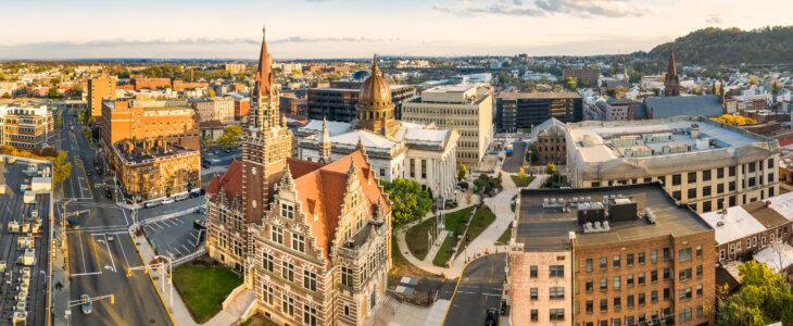 Aerial cityscape of Paterson, NJ and its old courthouse. Paterson is the county seat of Passaic County and the 3rd most populous city of NJ, with the 2nd largest muslim population in US by percentage.